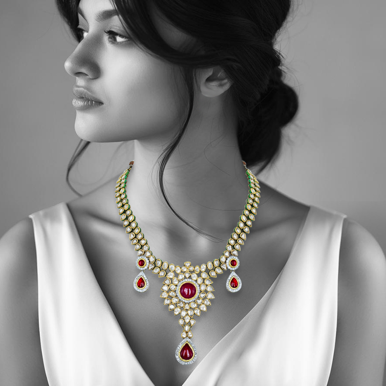 Rhodolite Cabochon Necklace with Polki Diamonds and Teardrops